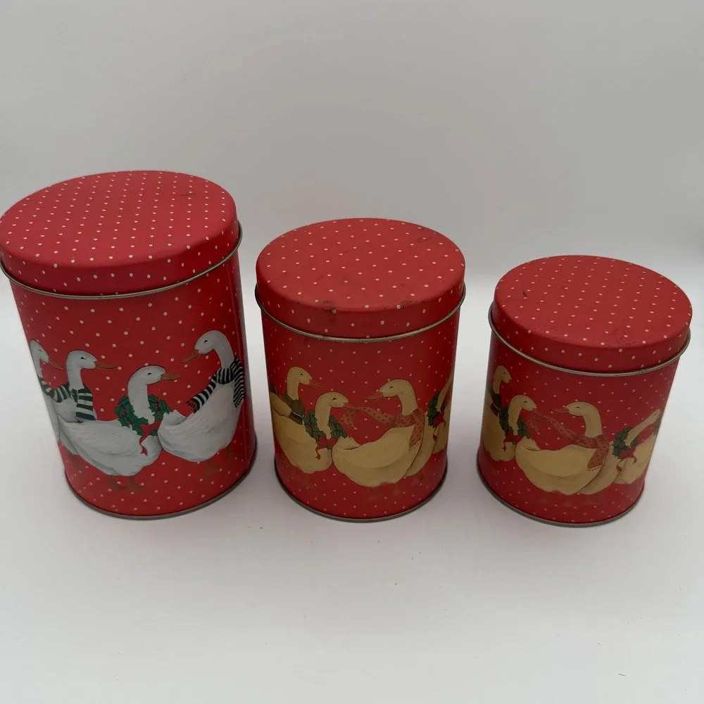 Vintage Farmhouse Duck Holiday Tin Canister Set White Polka Dot Kitchen‎ Storage